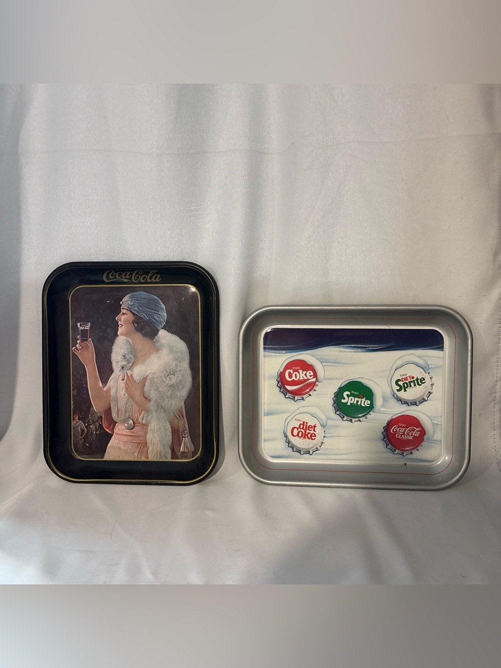 Coca-Cola Dual 1973 Collectible Metal Trays in Black, Silver, Red, Green